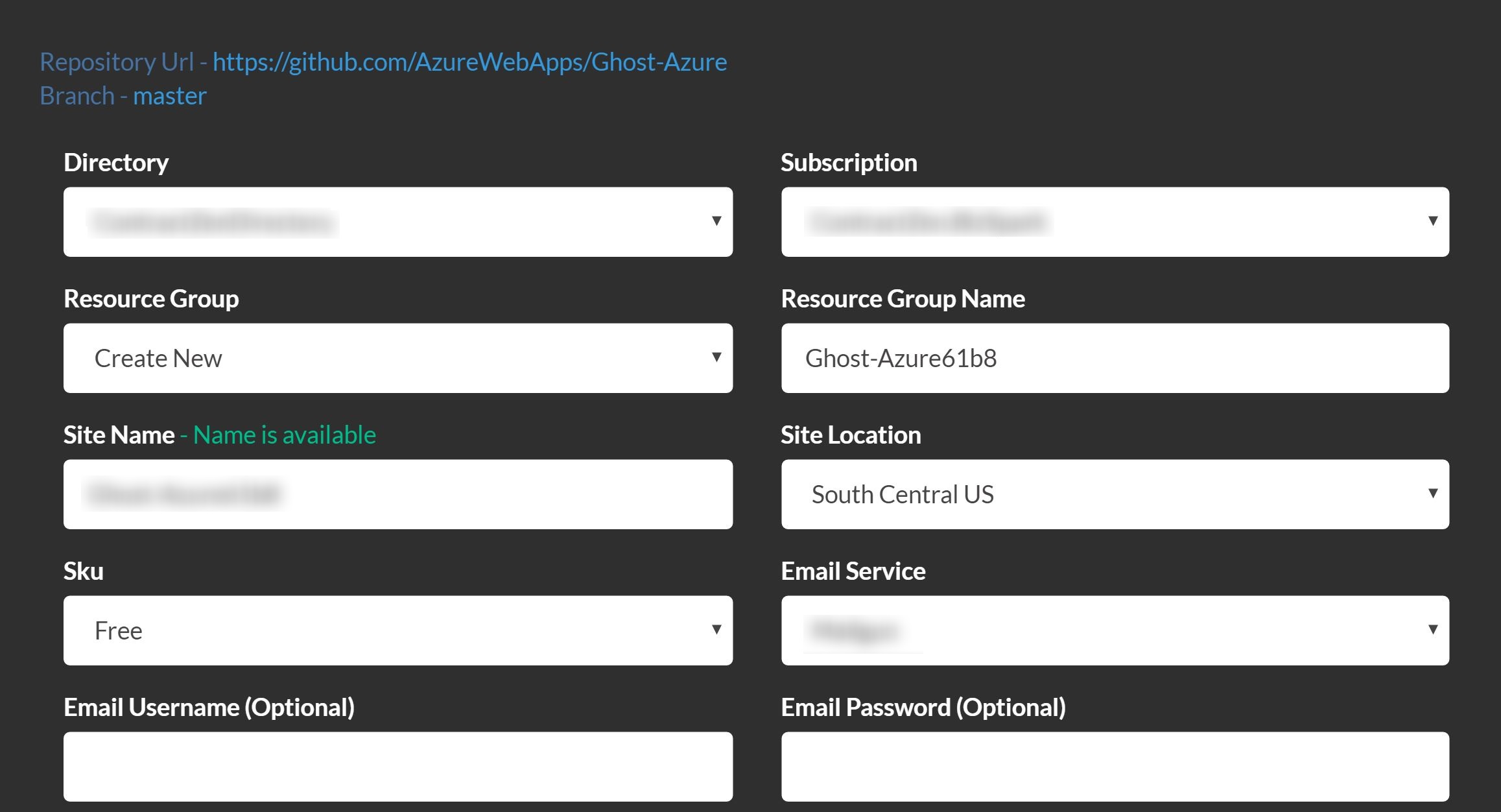 Deploy to Azure Ghost dialog