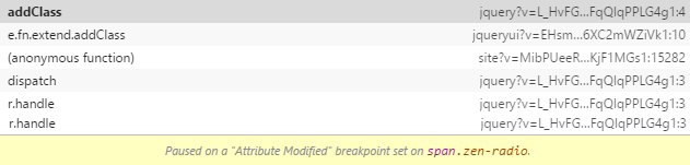 Chrome DevTools open and DOM element breakpoint triggered