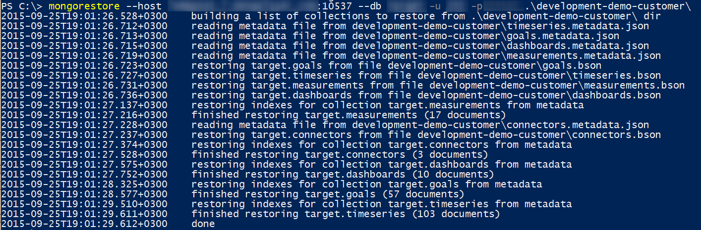 Example output of running mongorestore command