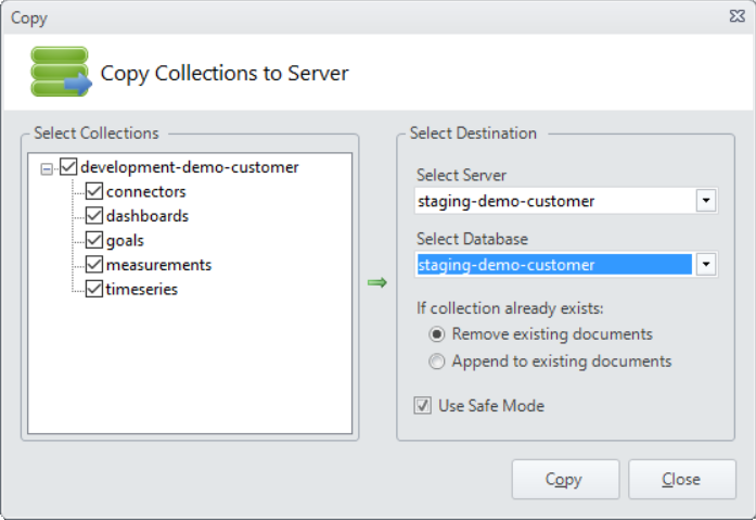 MongoVUE GUID with popup named Copy Collections to Server