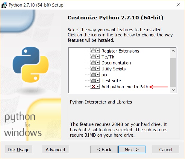 Customize Python - arrow pointing to the 'Add python.exe to Path'